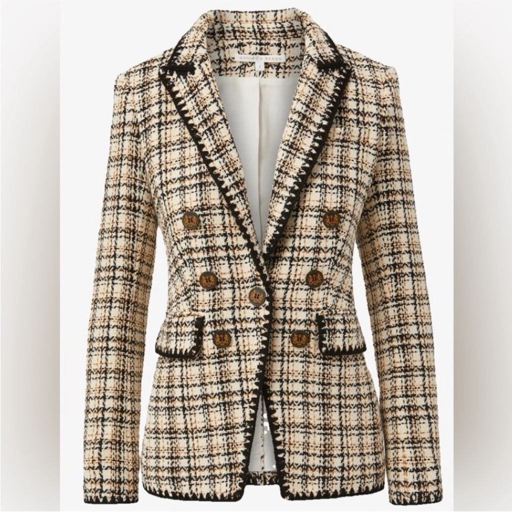 Veronica Beard Beige Black Tweed Double-Breasted Blazer